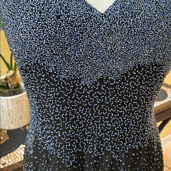 Adrianna Papell Boutique Vtg Blue Hombre Beaded Silk V Neck Maxi Evening Dress - Picture 4 of 15